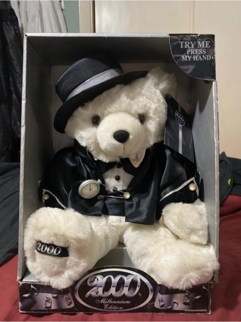 Millennium 2000 White Plush Bear in Black Tuxedo and Top Hat